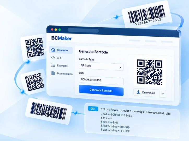 BCMaker barcode generator preview with QR Code, API example and barcode download